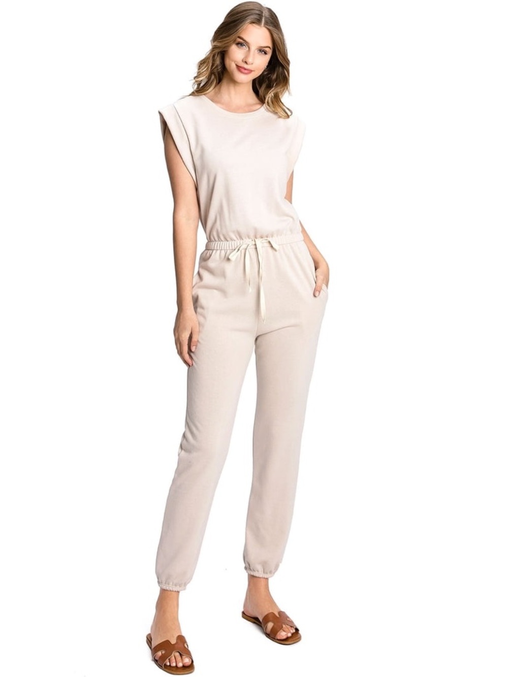 NWT Sleeveless Drawstring Jumpsuit in Light Beige